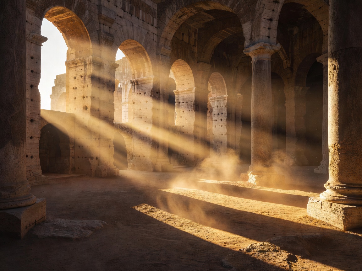 Beautiful sunbeams cutting through the majestic architectural pillars of the Flavian Amphitheatre