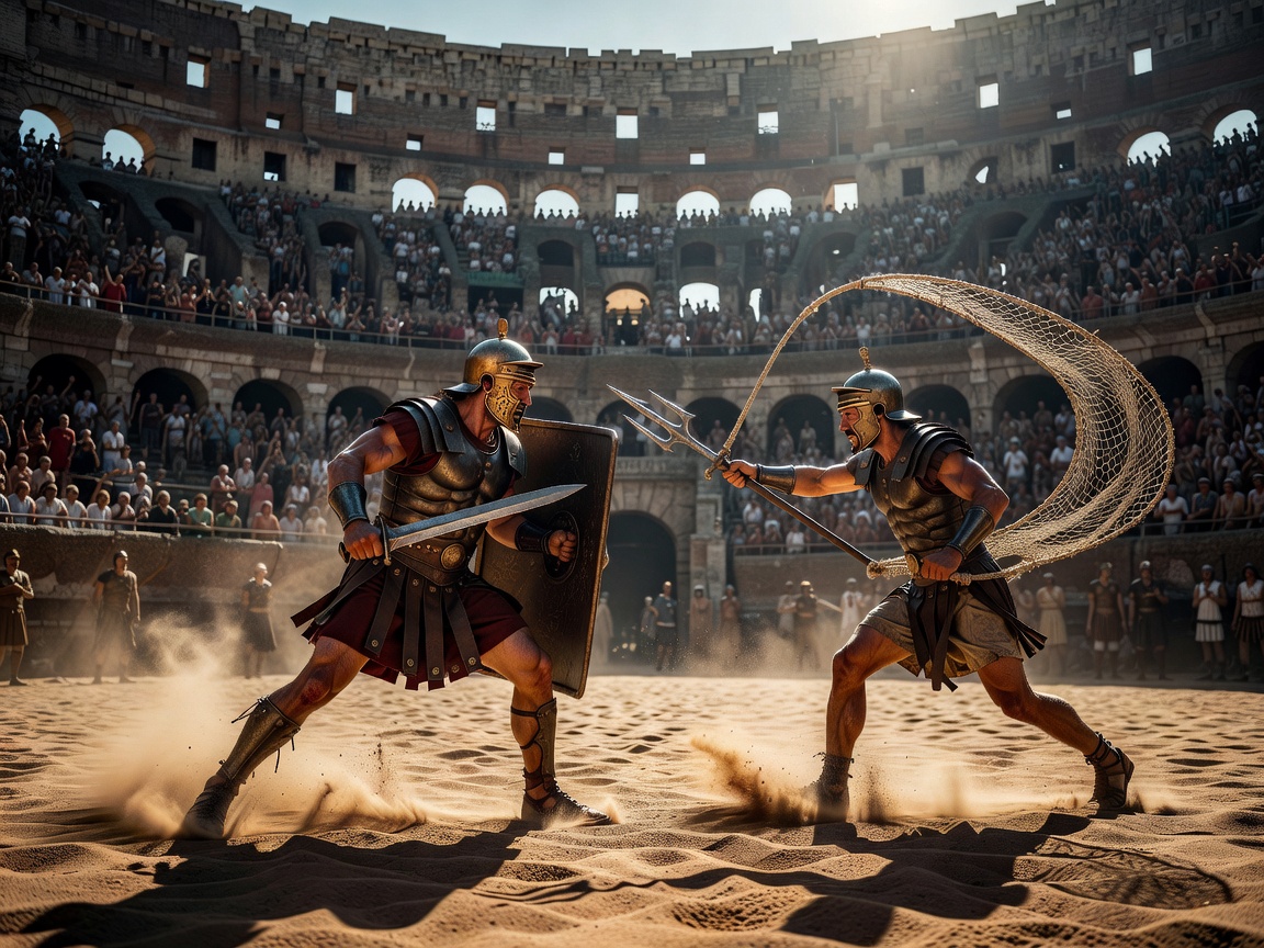 Cinematic illustration of ancient Roman gladiators battling in the epic Colosseum arena
