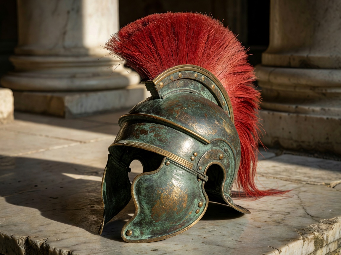 Detailed close-up of a decorated ancient Roman warrior helmet featuring a distinct red crest