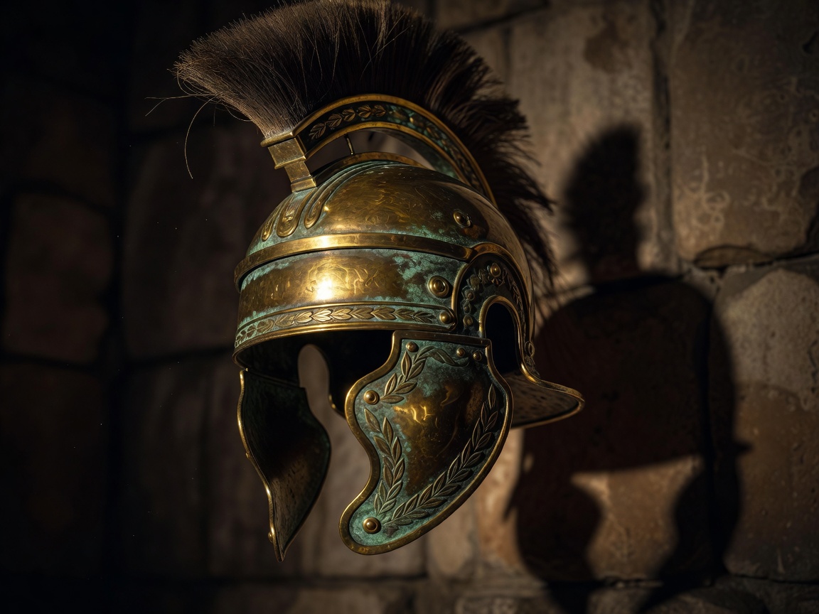 Detailed close-up of a dynamic brass Roman helmet displaying historic shadows and battle marks