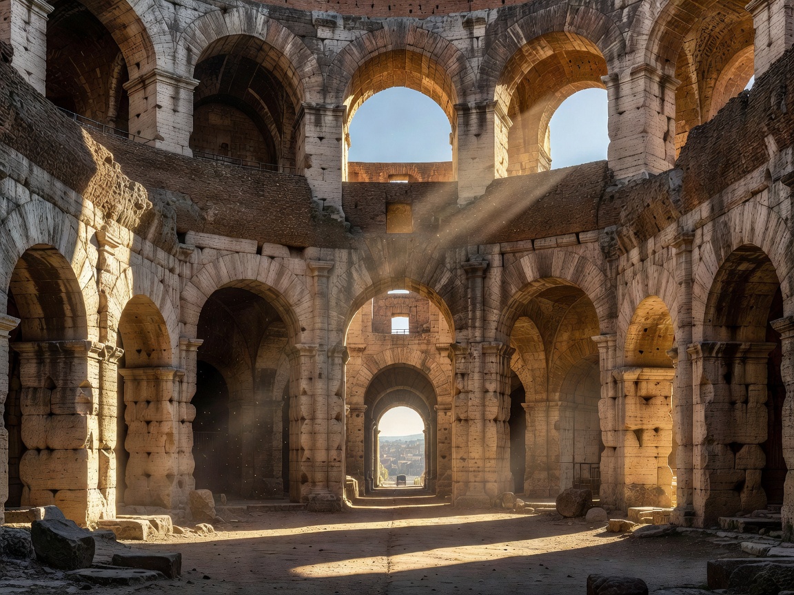 Spectacular stone arches and columns inside the ancient Rome Colosseum ruins
