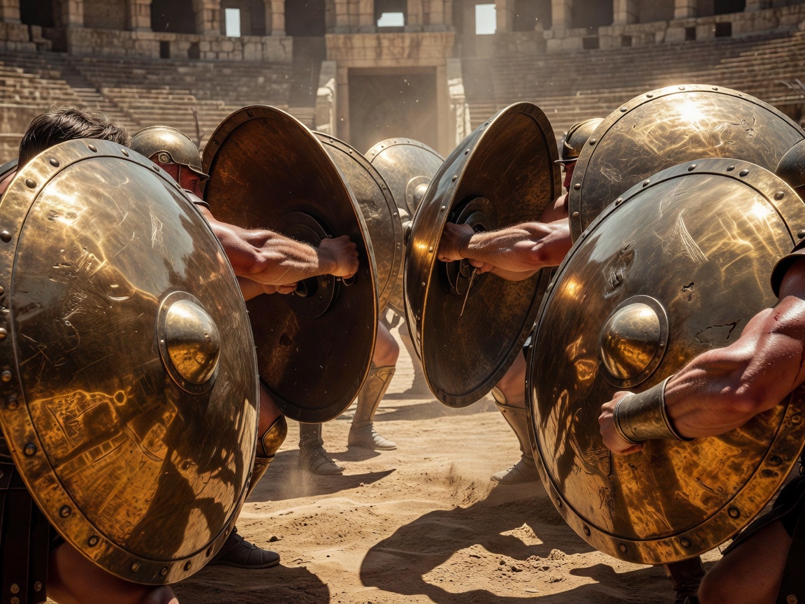 Vibrant representation of muscular gladiator arms gripping sturdy bronze shields in bright sunlight